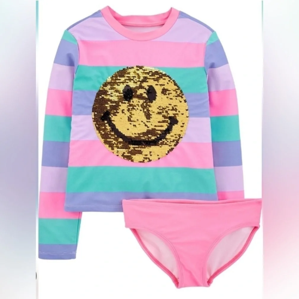 Osh Kosh Girls' Rashguard Set, Rainbow Stripe, Size-12